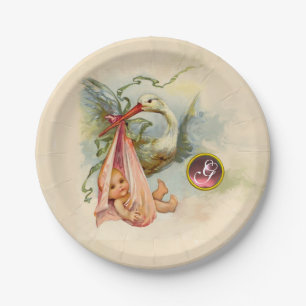 ASSIETTES EN CARTON STORK BABY GIRL SHOWER PINKGEM STONE MONOGRAM
