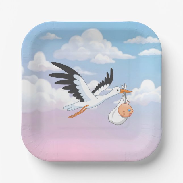 Assiettes En Carton Stork Carrying a Baby Cloudy Sky (Recto)