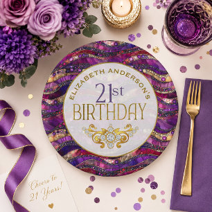 Assiettes En Carton Strates de pierres précieuses violettes et dorées