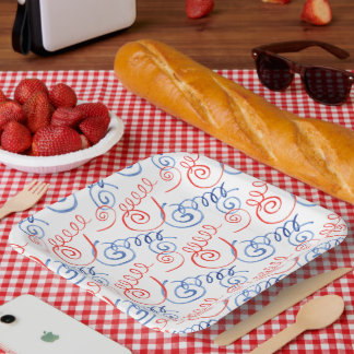 ASSIETTES EN CARTON STREAMES FESTIVES BLEUES BLANC ROUGE PATRIOTIQUE
