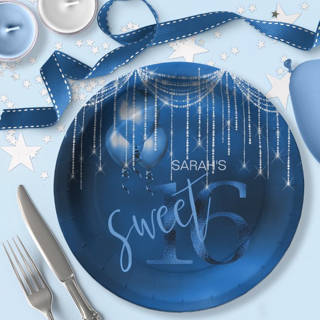 Assiettes En Carton String Lights & Balloons Sweet 16 Dk Blue ID473 (Créateur téléchargé)