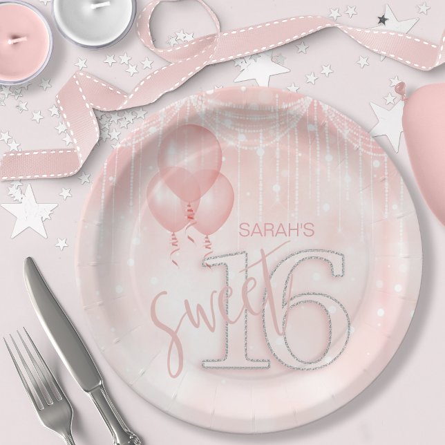 Assiettes En Carton String Lights & Balloons Sweet 16 Rose Gold ID473 (Créateur téléchargé)