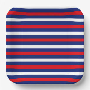 ASSIETTES EN CARTON STRIPES BLEUS BLANC ROUGE PATRIOTIQUE