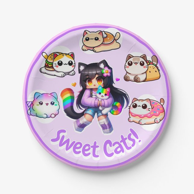Assiettes En Carton Style Aphmau, Fille d'anniversaire, Chats sucrés,  (Devant)