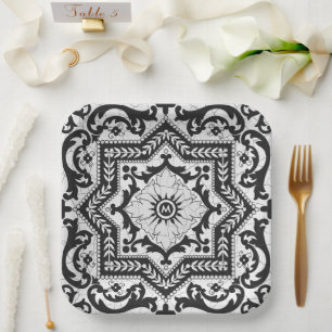 Assiettes En Carton Style azulejo en céramique noire et blanche