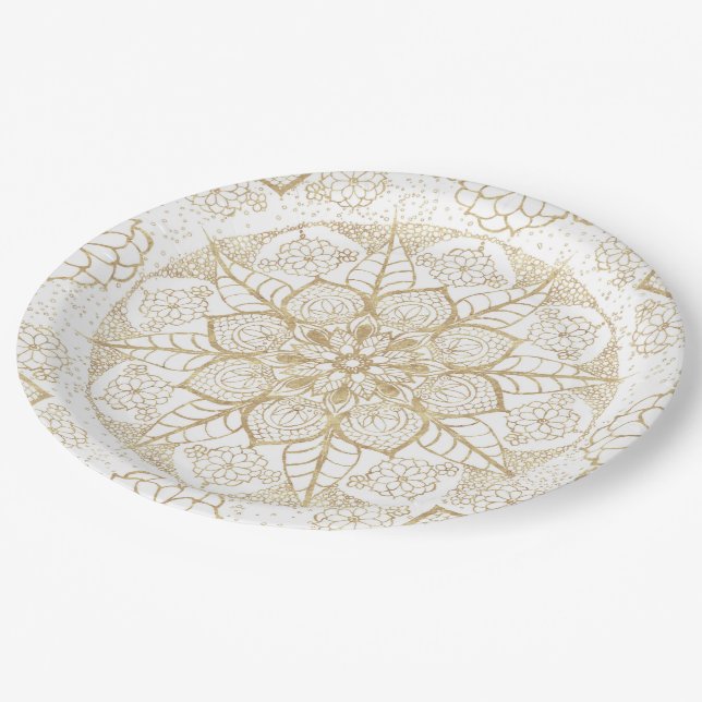 Assiettes En Carton Style Boho Blanc Or Mandala Floral (Angle)