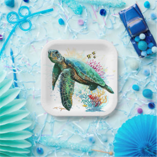 Assiettes En Carton Style d'aquarelle sous-marine de tortue marine