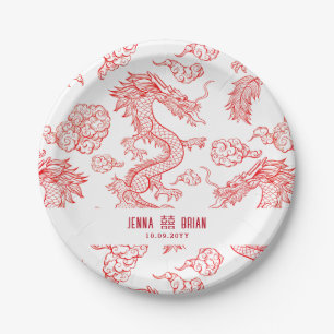 Assiettes En Carton Style Dragon Double Symbole Bonheur Style Blanc