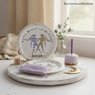 Assiettes En Carton Style Gemini 1er Anniversaire & Gold Confetti