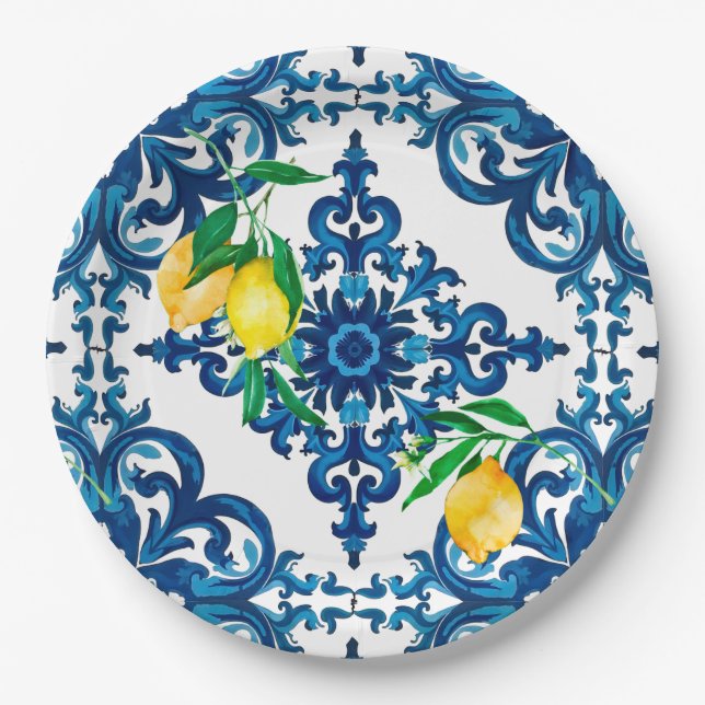Assiettes En Carton style italien, mosaïque, bleu, citron, (Devant)