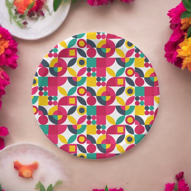 Assiettes En Carton Style Party Bauhaus (retro color theme,birthday,wedding,baby shower,special occasion event paper plate party supplies)