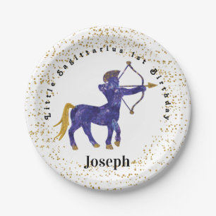 Assiettes En Carton Style Sagittarius 1er anniversaire & Gold Confetti