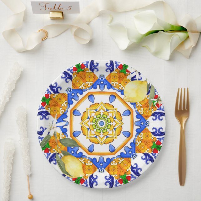 Assiettes En Carton style sicilien, citrons, majolica (Mariage)