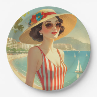 Assiettes En Carton Style vintage Côte d'Azur Beach Girl