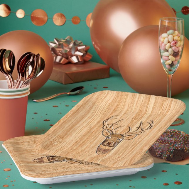 Assiettes En Carton Style White Tail Deer Head Light Wood Grain Déco (Multi)
