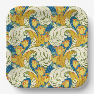 Assiettes En Carton Style William Morris Tulp Tissu Floral sarcelle et
