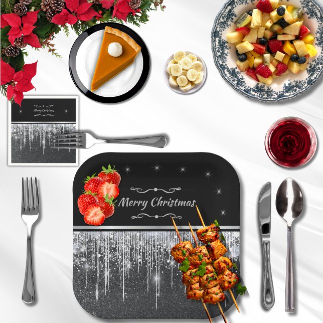Assiettes En Carton Stylish Black and Silver Merry Christmas Party (Minimalist and classy black and silver paper plates and party supplies with your personalized text)