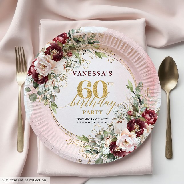 Assiettes En Carton Stylish Boho Burgundy Gold Floral 60th Birthday  (Stylish Boho Burgundy Gold Floral 60th Birthday Plates)