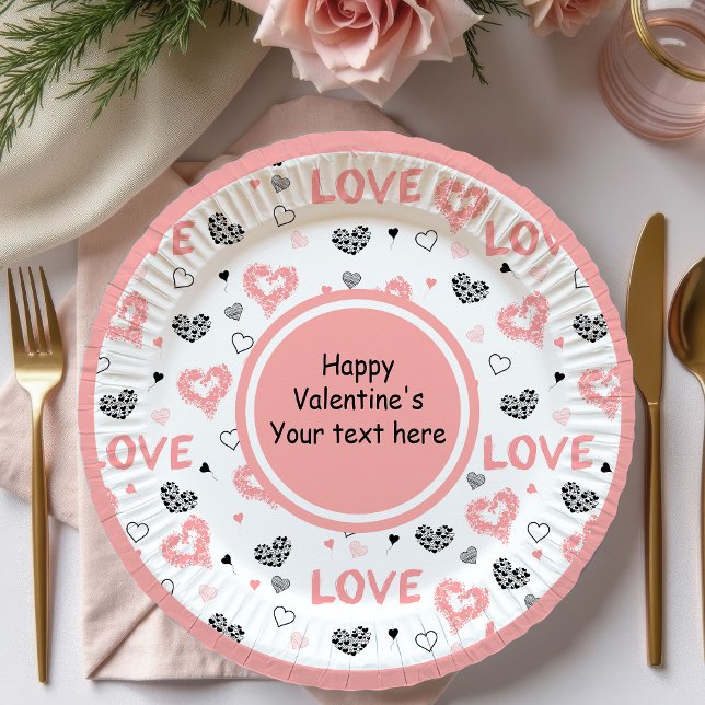Assiettes En Carton Stylish Valentine Pink Black Heart Art Paper Plate (Stylish Valentine Pink Black Heart Art Paper Plates)