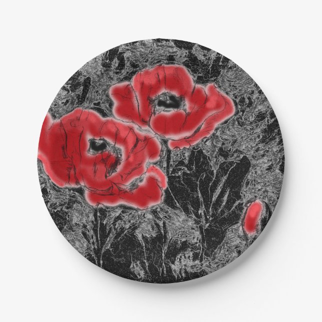 Assiettes En Carton Stylo dessiné à la main des pavots rouges fleurs f (Devant)