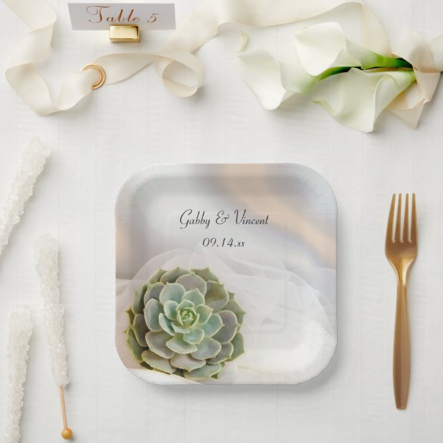 Assiettes En Carton Succulent vert sur Mariage blanc (Mariage)