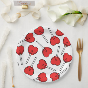Assiettes En Carton Sucettes rouges, sucettes en forme de cœur, motif
