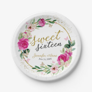 Assiettes En Carton Sucré 16 Papillon floral rose chaud