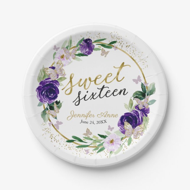 Assiettes En Carton Sucré 16 Purple Lavande Papillon Floral (Devant)