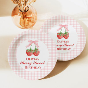 Assiettes En Carton Sucré aux fraises Rose Bon Anniversaire Ruban Rose