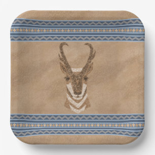 Assiettes En Carton Sud-ouest Pronghorn Antelope Tête Bleue Bordure