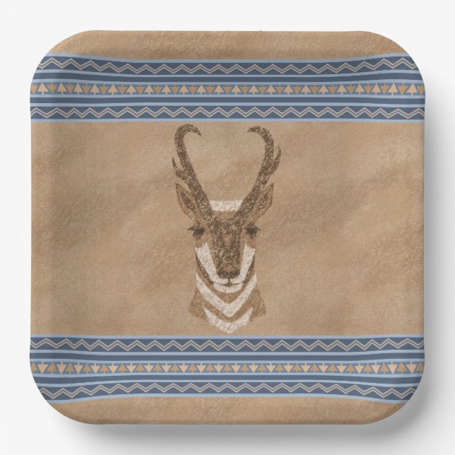 Assiettes En Carton Sud-ouest Pronghorn Antelope Tête Bleue Bordure (Recto)