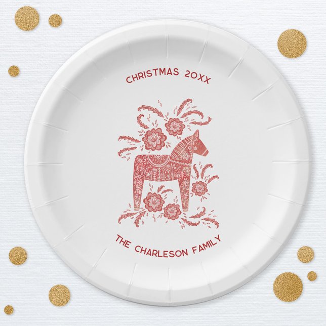 Assiettes En Carton Suédois Dala Horse Rouge et Blanc Personnalisé (Swedish Dala Horse Scandinavian red and white personalized custom text Christmas party paper plates)