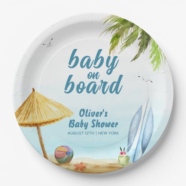 Assiettes En Carton Summer Beach Ocean Surboard Baby shower (Devant)