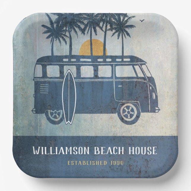 Assiettes En Carton Summer Beach Retro Surf Van Famille (Recto)