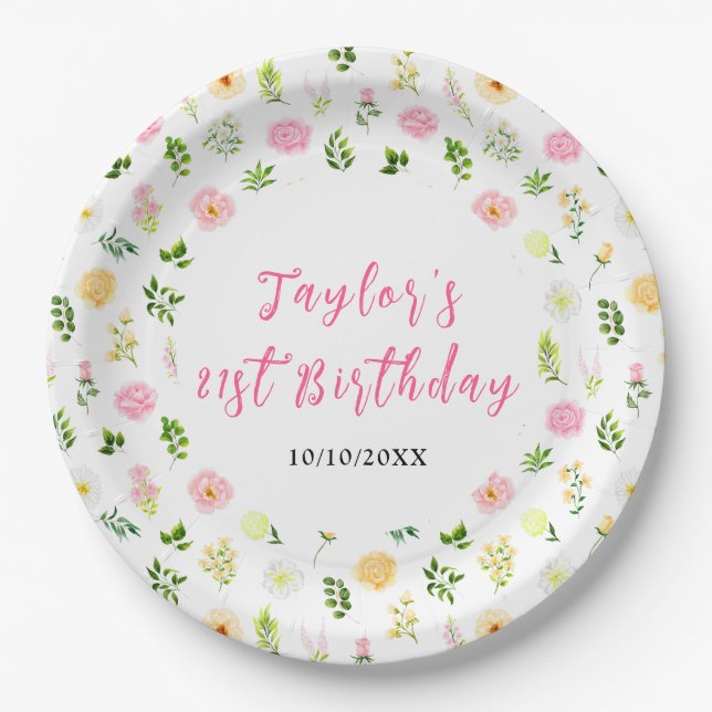 Assiettes En Carton Summer Pink and Yellow Floral Birthday (Devant)