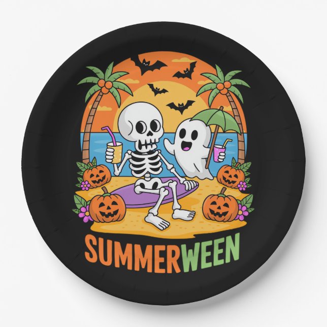 Assiettes En Carton Summerween Skeleton Ghost Beach Halloween Fu (Devant)