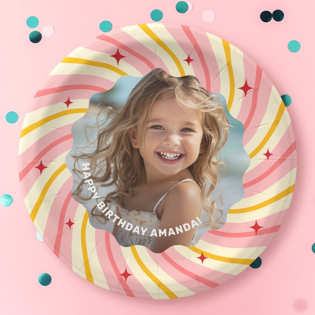 Assiettes En Carton Sunburgh rose rétro étoiles rouge heureux fête d'a (Retro pink sunburst red stars happy birthday party paper plates)