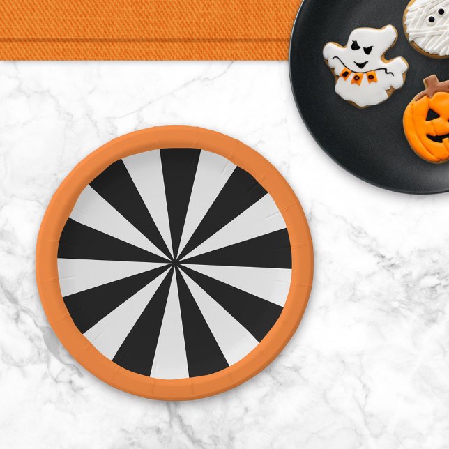 Assiettes En Carton Sunburst d'Halloween blanc orange noir (Créateur téléchargé)