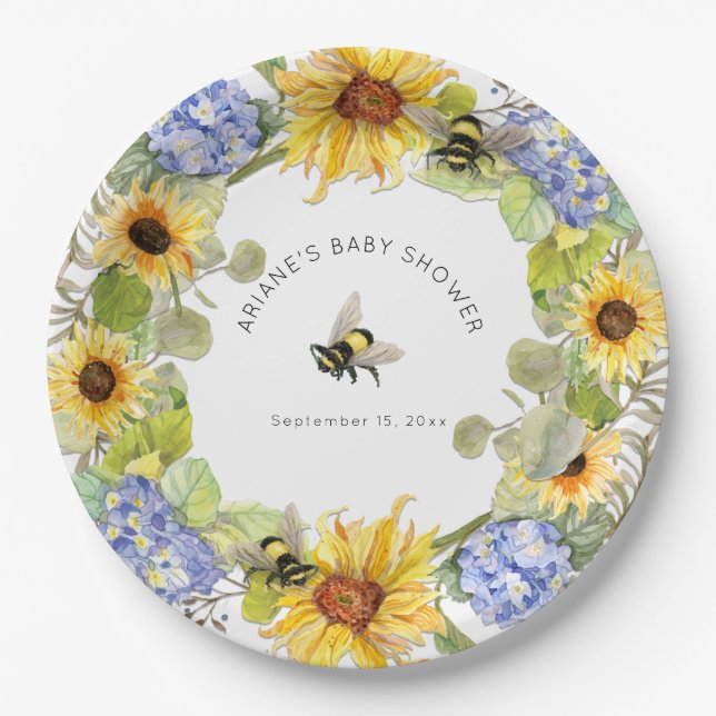 Assiettes En Carton Sunflower Bumble Bee Blue Hydrangea Baby shower (Devant)