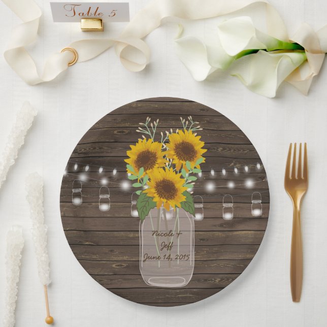 Assiettes En Carton Sunflower Country Wood Mason Jar Mariage (Mariage)