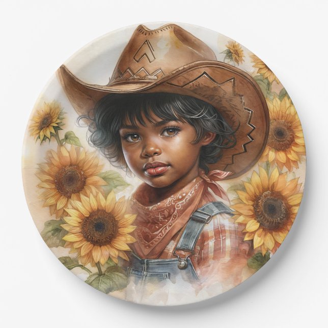 Assiettes En Carton Sunflower Cowgirl Black Child Watercolor (Devant)