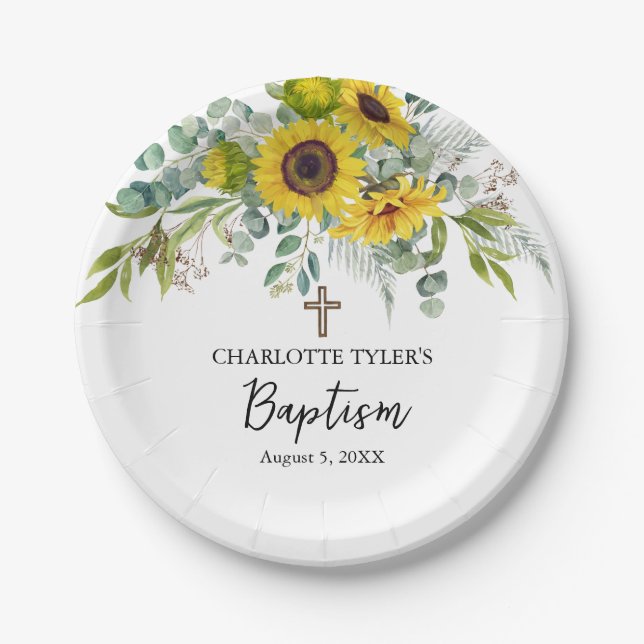 Assiettes En Carton Sunflower & Eucalyptus Boho Cross Baptism (Devant)