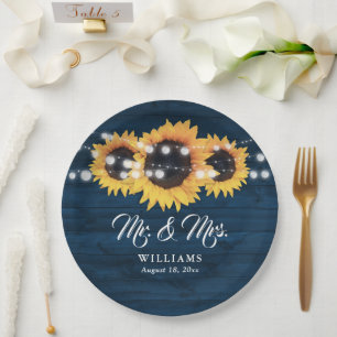 Assiettes En Carton Sunflower Navy Blue Rustic Wood M. et Mme Mariage