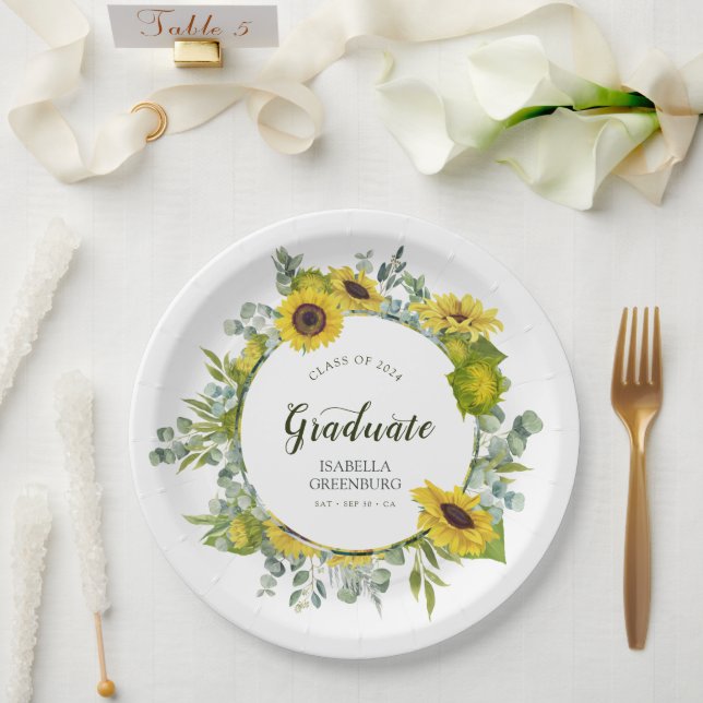 Assiettes En Carton Sunflower Wreath Script Graduation Party (Mariage)