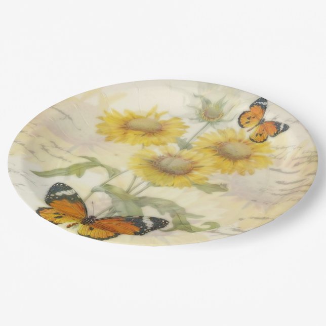 Assiettes En Carton Sunflowers and butterfly (Angle)