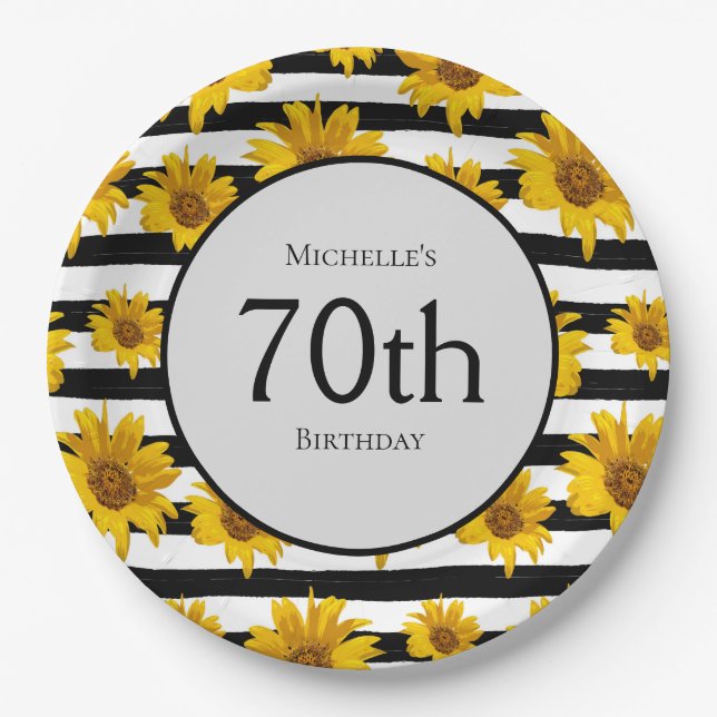 Assiettes En Carton Sunflowers Black White Stripes 70e anniversaire (Devant)