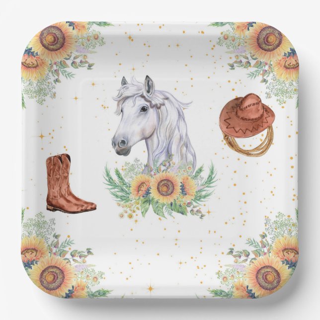 Assiettes En Carton Sunflowers Boy Horse fête d'anniversaire (Recto)