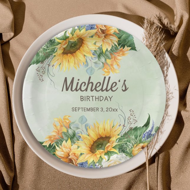 Assiettes En Carton Sunflowers Eucalyptus Feuilles Anniversaire Nom Da (Sunflowers and eucalyptus birthday party paper plates)