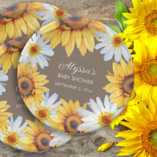 Assiettes En Carton Sunflowers White Daisies Baby shower Brown