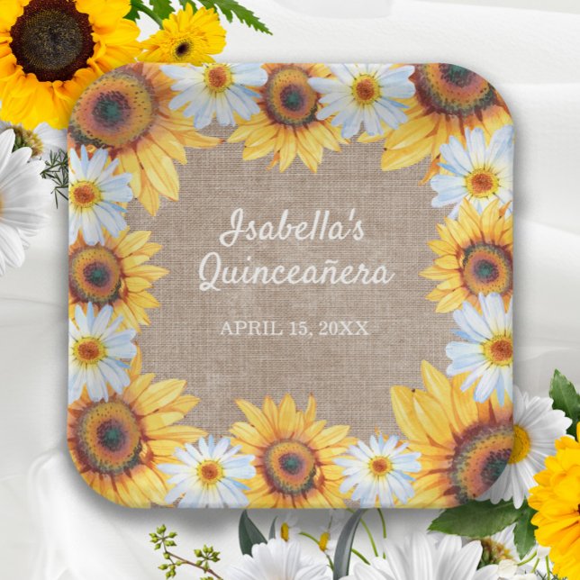 Assiettes En Carton Sunflowers White Daisy Burlap Quinceañera Name   (Créateur téléchargé)